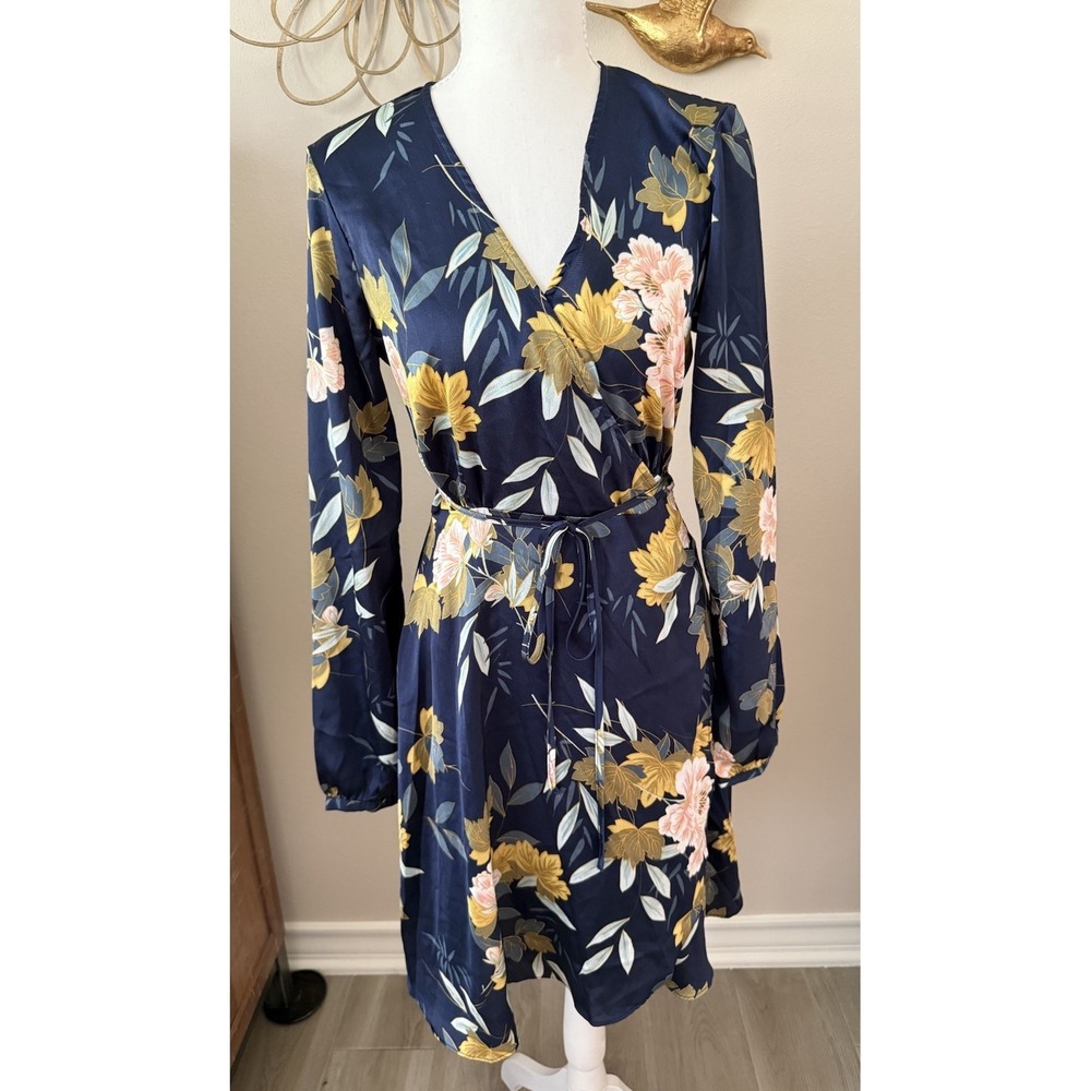 Lulus Floral Wrap Dress Navy Long‎ Sleeve Tie Waist Wedding Guest S